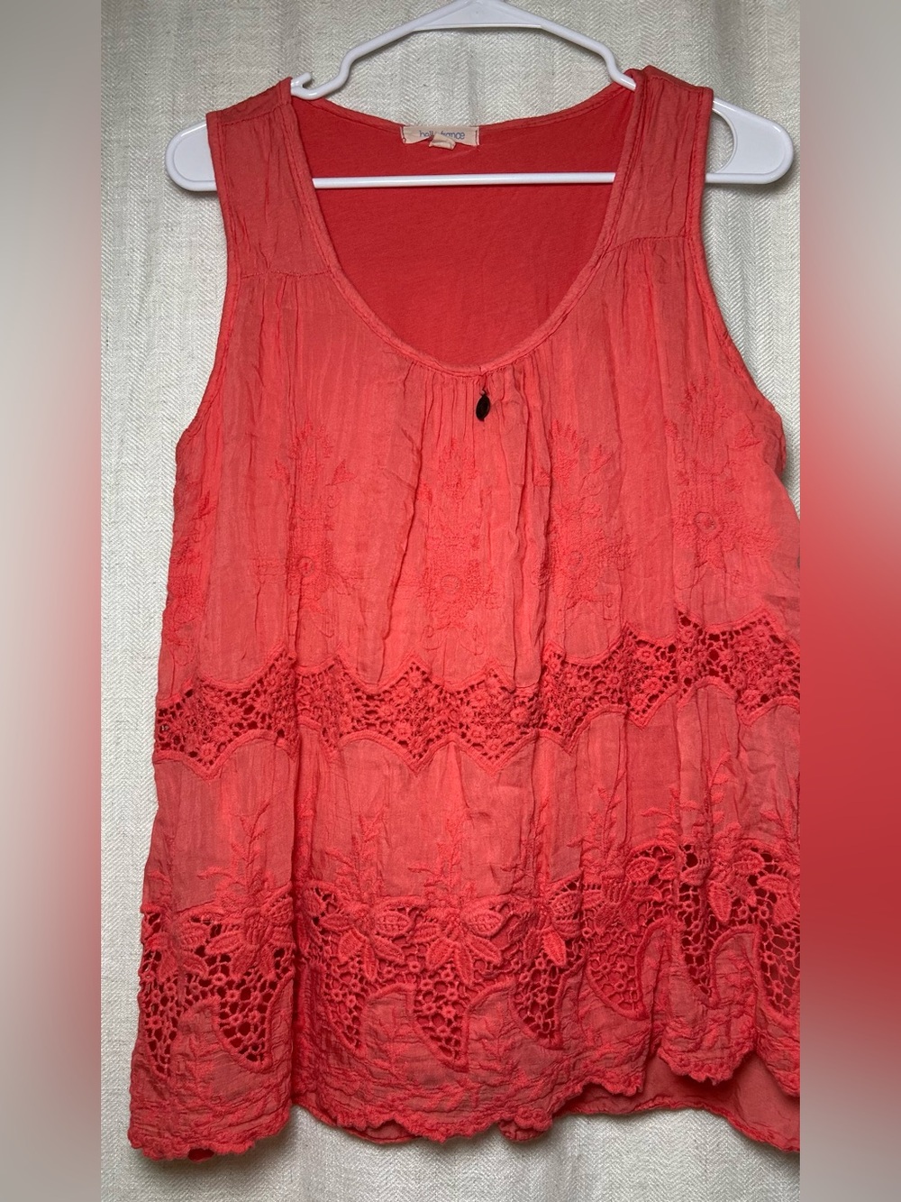 Belle France Coral Boho Lace Embroidered Tank Top with Coin Charm - Size L